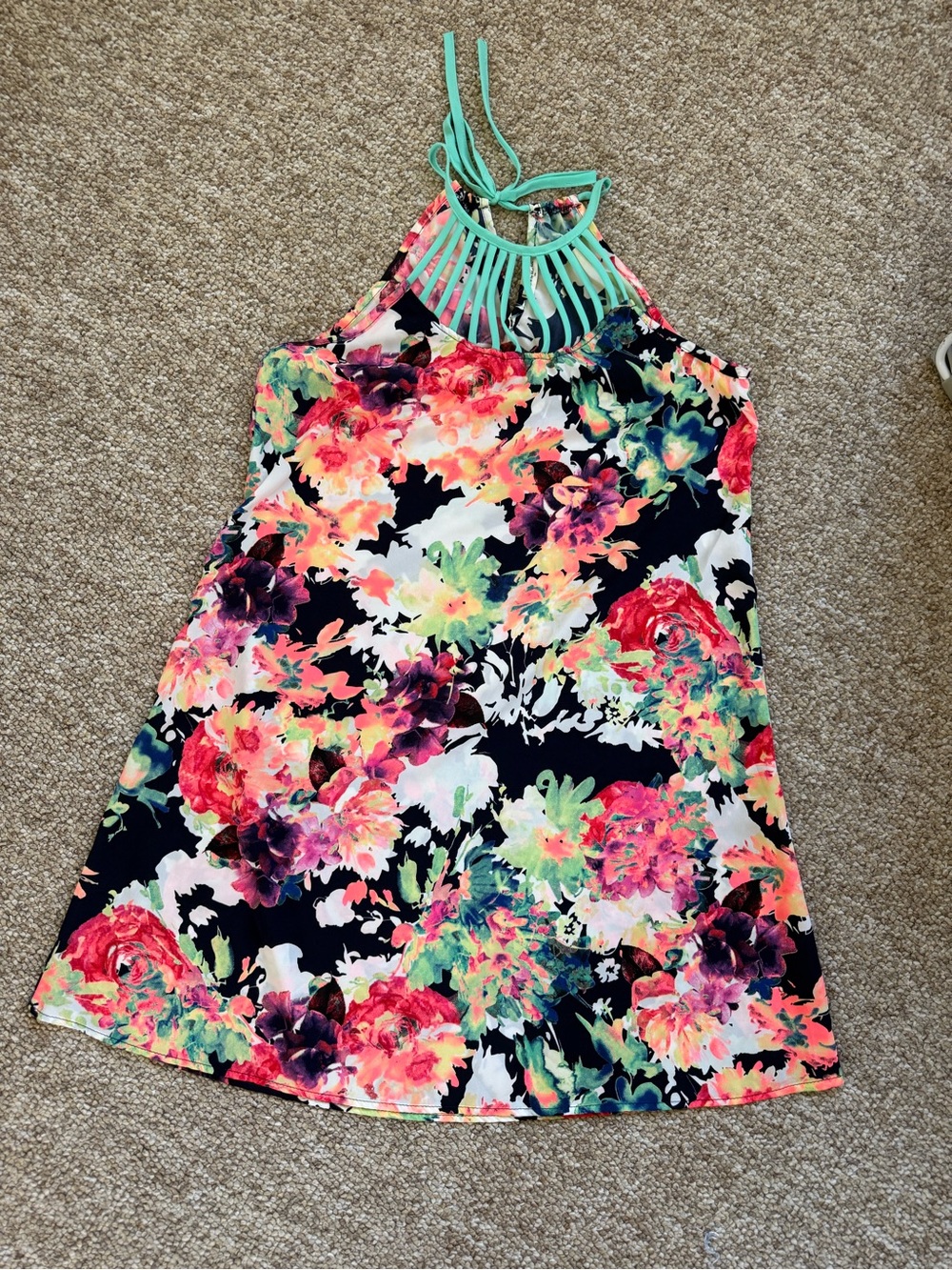 12 Pm By Mon Ami Black Floral Halter Dress with Mint Trim
